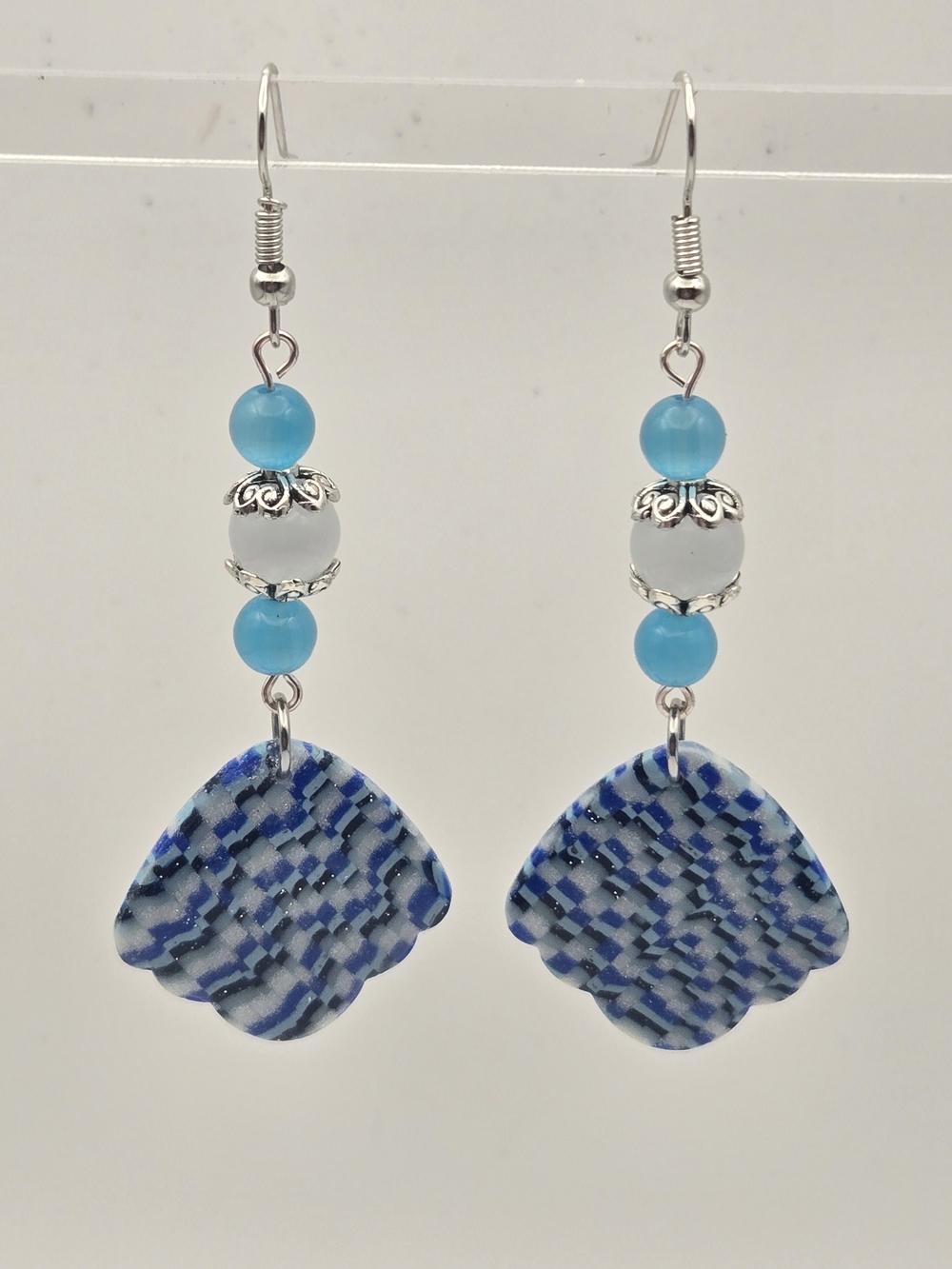 #B491- Blue Mosaic Drop Earrings with Aqua Bead Accents